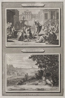 KG 12139
<br/>
Illustraties uit de Bijbel van Martin, Jona III. & Jona IV.3, Prediking van Jonas in Nineve & Jona onder de wonderboom.
<br/>
<em>Later, Jacobus (?-na 1705)</em>